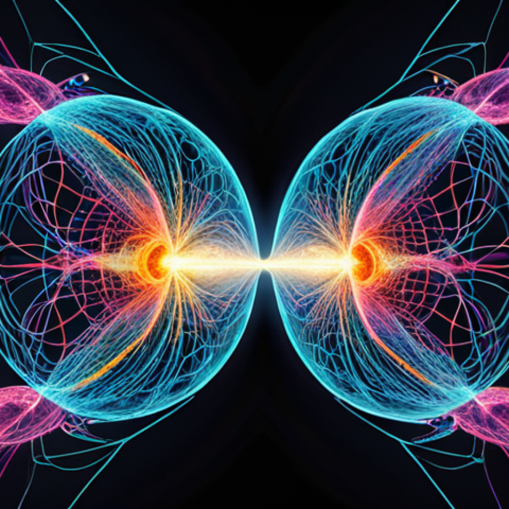 **Quantum Entanglement Illustration:** Abstract, vibrant depiction of two entangled particles, connected by a shimmering, ethereal link. Emphasize the instantaneous connection and the disruption caused by an eavesdropper. Think scientific illustration meets modern art.