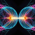 **Quantum Entanglement Illustration:** Abstract, vibrant depiction of two entangled particles, connected by a shimmering, ethereal link. Emphasize the instantaneous connection and the disruption caused by an eavesdropper. Think scientific illustration meets modern art.