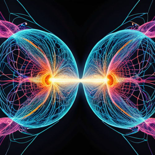 Home 4 **Quantum Entanglement Illustration:** Abstract, vibrant depiction of two entangled particles, connected by a shimmering, ethereal link. Emphasize the instantaneous connection and the disruption caused by an eavesdropper. Think scientific illustration meets modern art.
