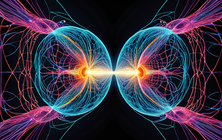**Quantum Entanglement Illustration:** Abstract, vibrant depiction of two entangled particles, connected by a shimmering, ethereal link. Emphasize the instantaneous connection and the disruption caused by an eavesdropper. Think scientific illustration meets modern art.